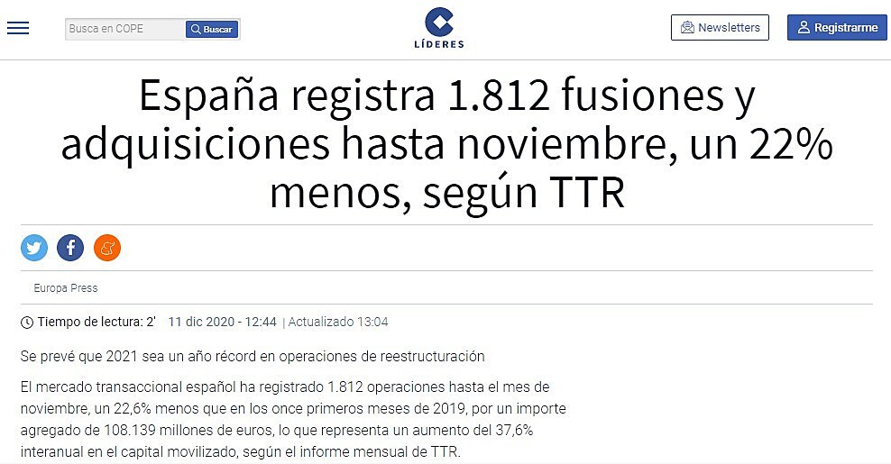 Espaa registra 1.812 fusiones y adquisiciones hasta noviembre, un 22% menos, segn TTR